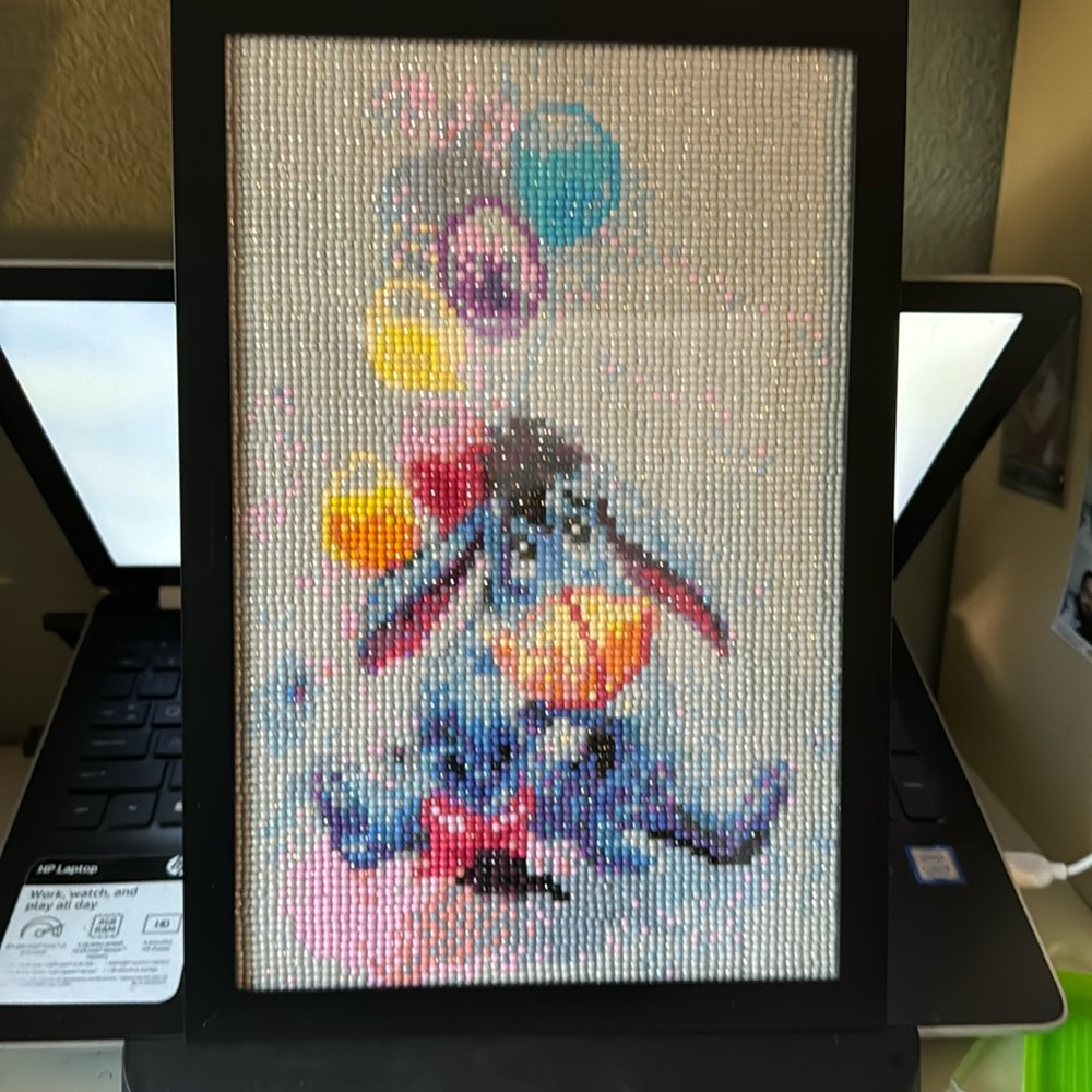 Eeyore completed framed diamond art added glue sealant